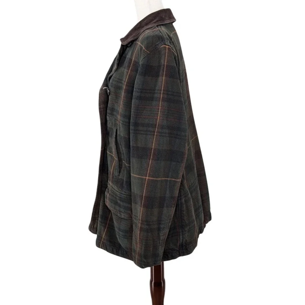Lauren Ralph Lauren Plaid Barn Coat‎ Women's XL Green Brown Corduroy Collar